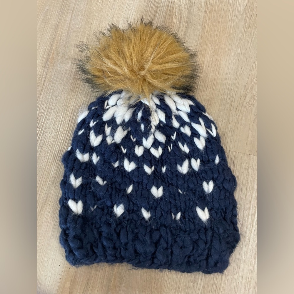 Cute Blue and white winter toque with faux fur Pom